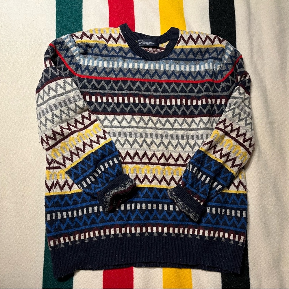 GAP Men's Geometric Pattern Crewneck Sweater - Blue, Yellow, Red, Gray
